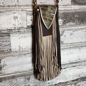 Multicolored metallic leather crossbody purse. Double Fringe, phone pocket